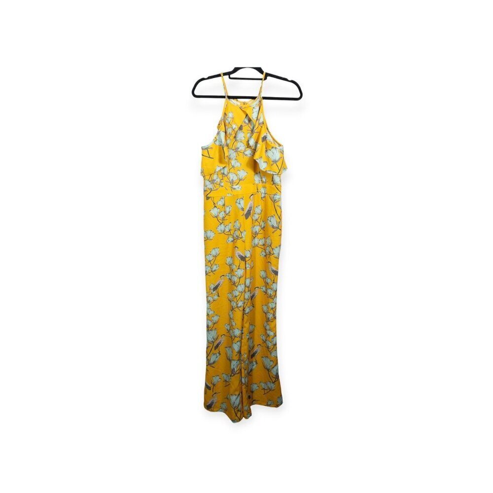 Anthropologie Varun Bahl Warbler yellow ruffle trim jumpsuit SZ 8 Heron Print